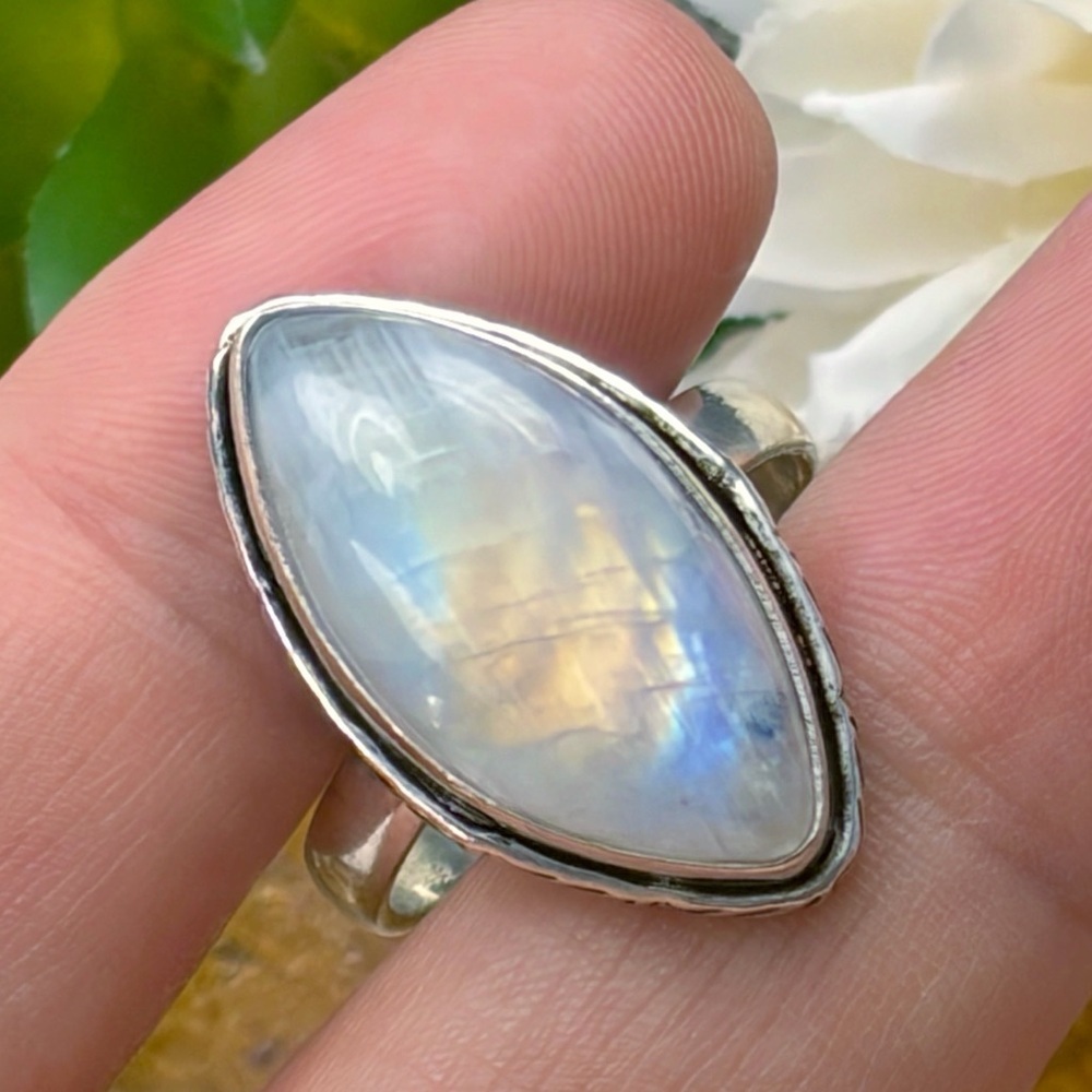 Top Quality Rainbow Moonstone Ring Size 8 Marquise Sterling Silver 925 Overlay